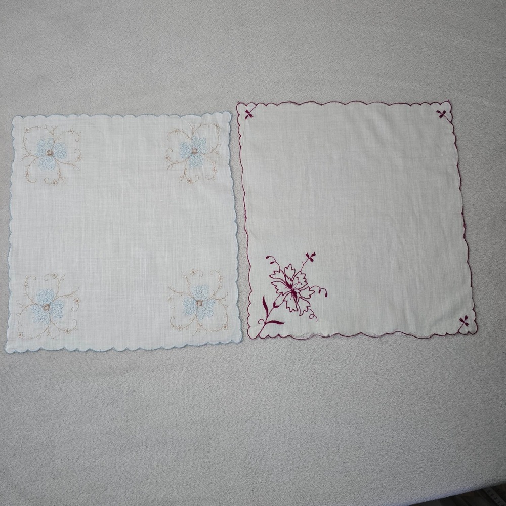 Vintage Hand Embroidered Handkerchiefs Pair Sheer Floral Hankies 1930s 40s